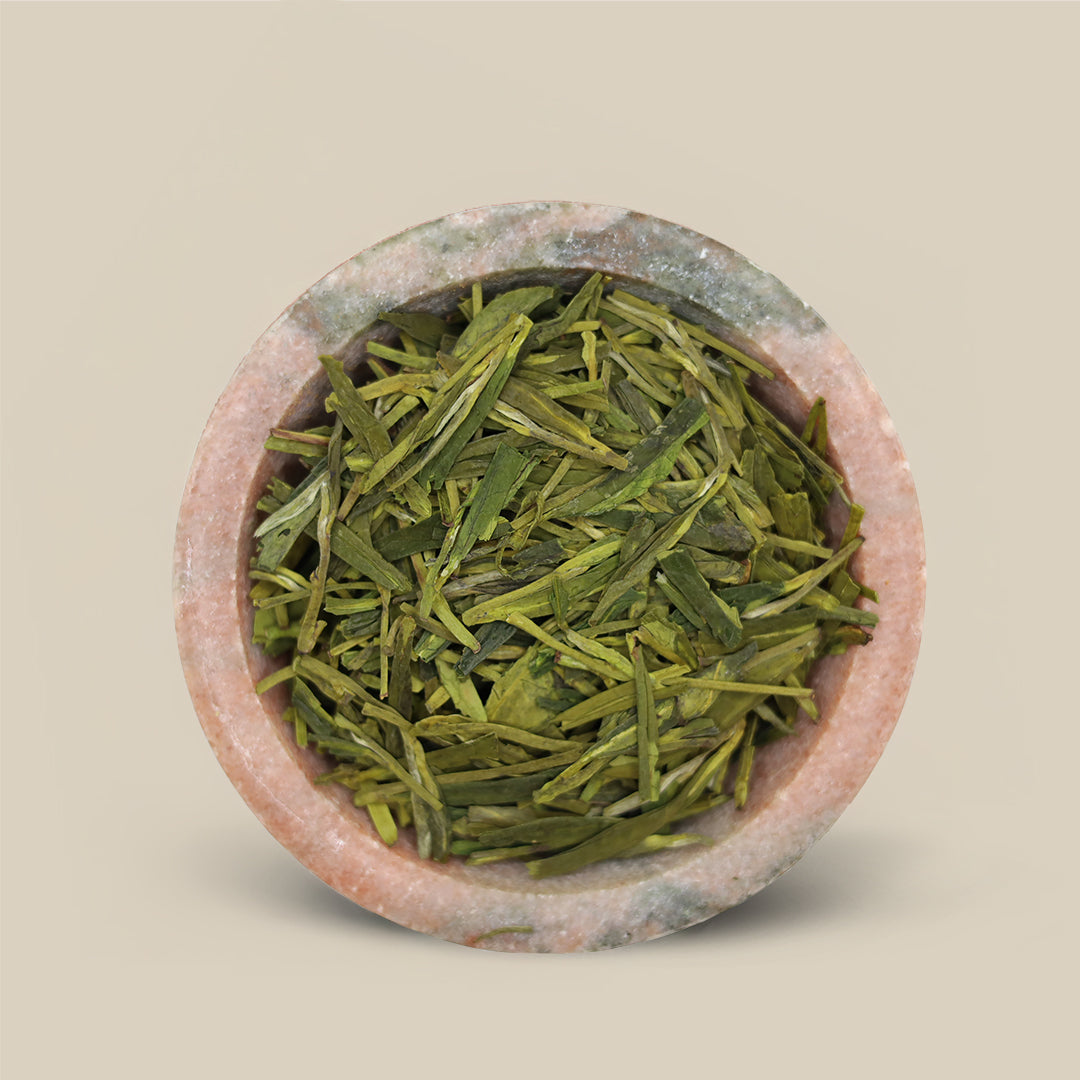 Long Jing Dragonwell, flat pan-fired Chinese green tea leaf